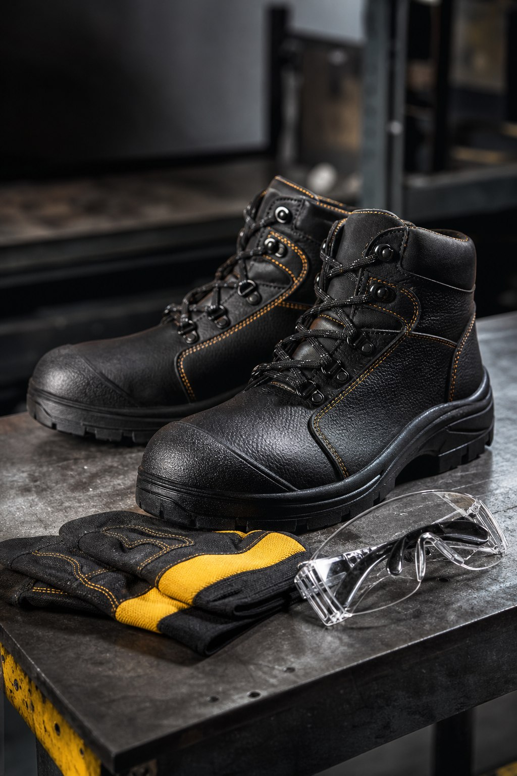 Safety boots, protective gloves and safety glasses