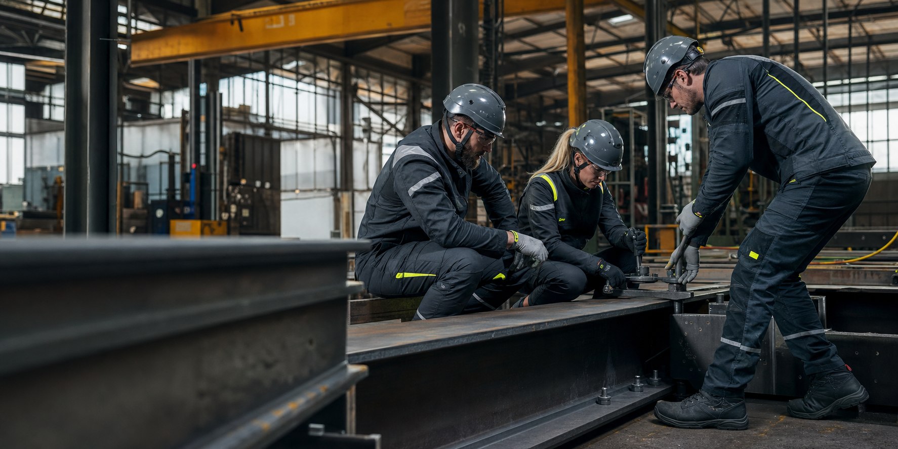Industrial team wearing coordinated workwear and PPE