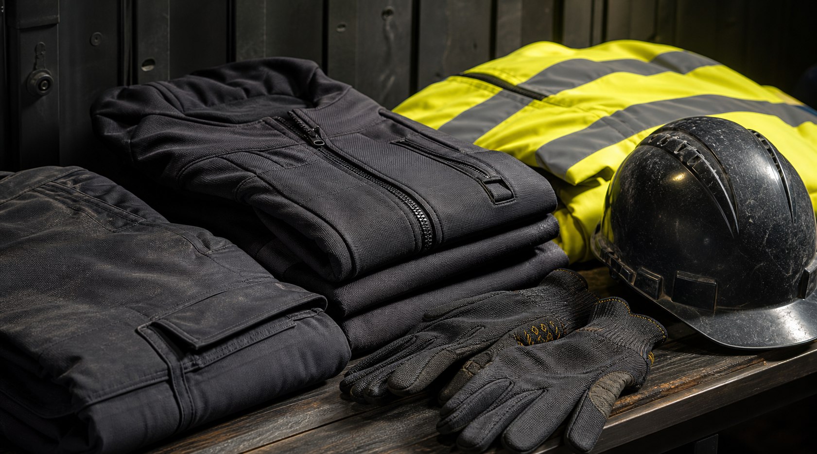 Technical workwear, high-visibility jacket, helmet and gloves